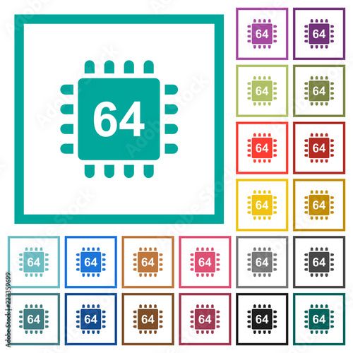Microprocessor 64 bit architecture flat color icons with quadrant frames