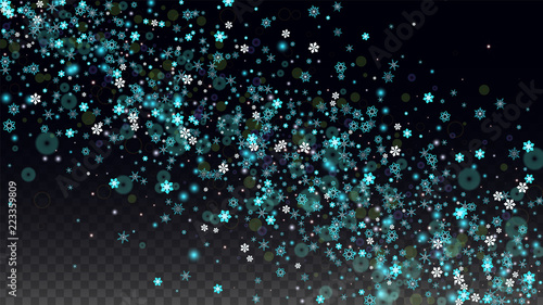 Christmas  Vector Background with Blue Falling Snowflakes Isolated on Transparent Background. Realistic Snow Sparkle Pattern. Snowfall Overlay Print. Winter Sky. Design for Party Invitation.