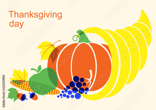 Happy Thanksgiving day with cornucopia and pumpkin and autumn elements