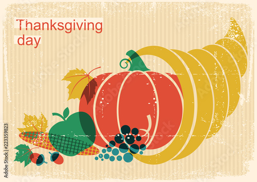 Happy Thanksgiving day vintage poster with cornucopia and pumpkin and autumn elements
