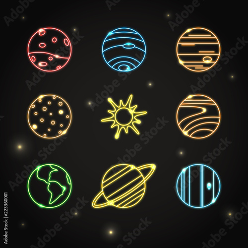 Neon solar system planets icon set in line style