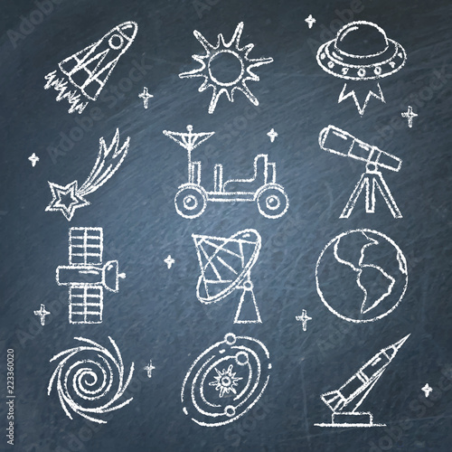 Space icons set on chalkboard in line style