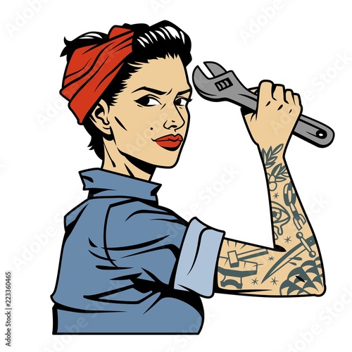 Vintage colorful pin up mechanic girl