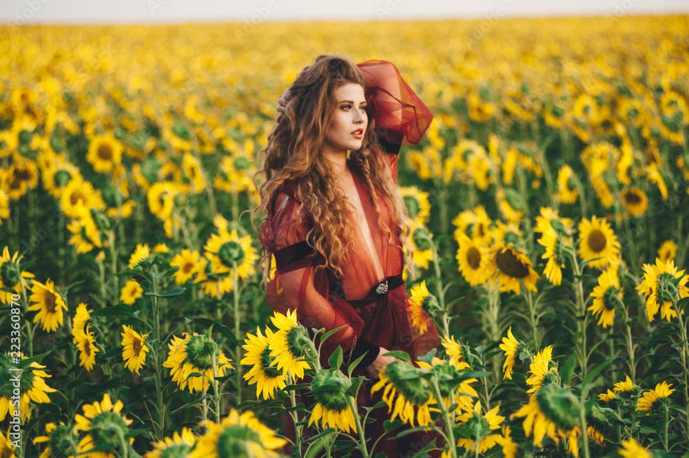 Young beautiful woman in a dress among blooming sunflowers. Agro-culture. Young beautiful woman in a dress among blooming sunflowers. Agro-culture.