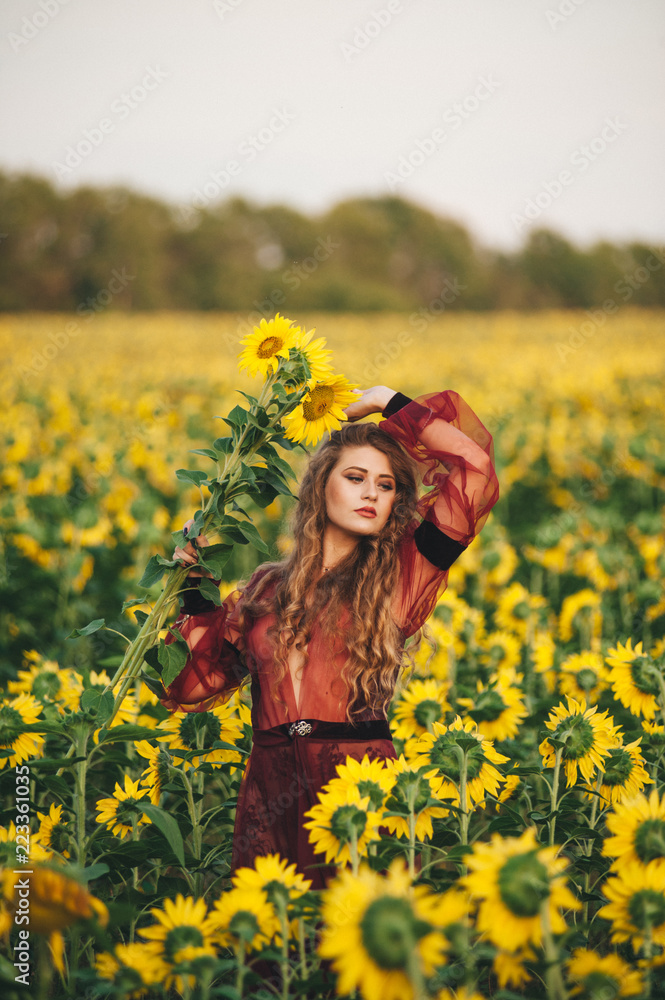 Young beautiful woman in a dress among blooming sunflowers. Agro-culture. Young beautiful woman in a dress among blooming sunflowers. Agro-culture.