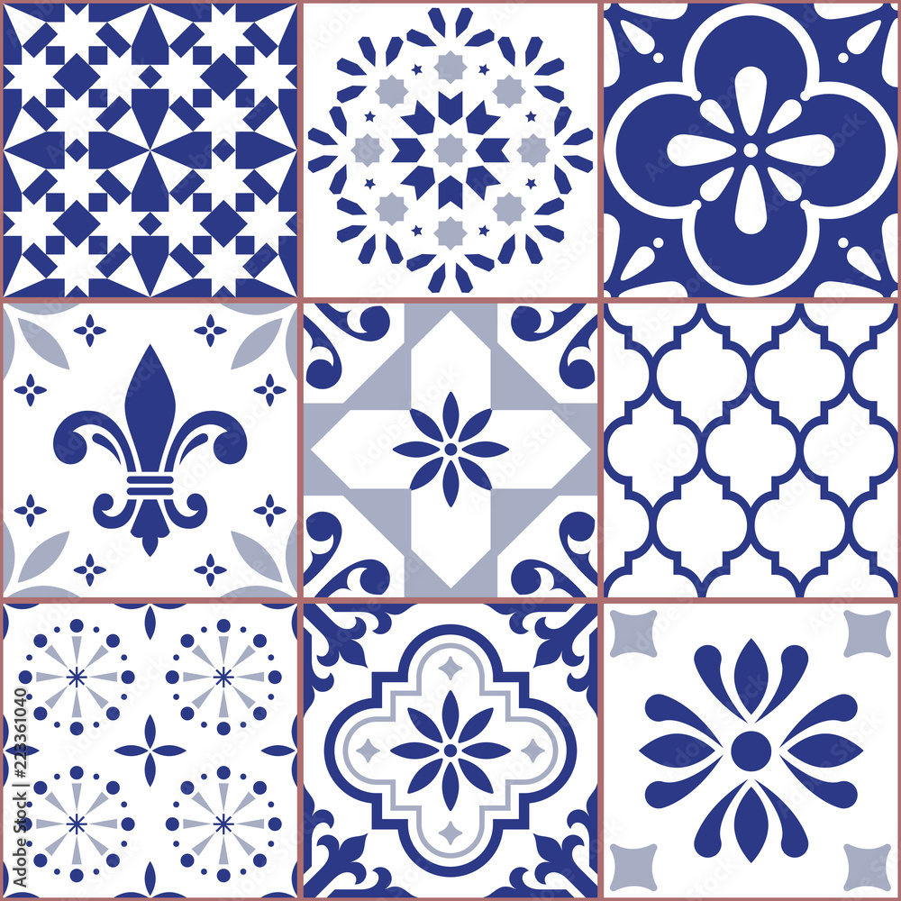 Portuguese vector tile seamless pattern, Azluejo tiles mosaic in navy blue, abstract and floral designs Portuguese vector tile seamless pattern, Azluejo tiles mosaic in navy blue, abstract and floral designs