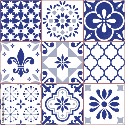 Portuguese vector tile seamless pattern, Azluejo tiles mosaic in navy blue, abstract and floral designs