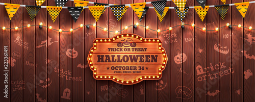 Happy Halloween background with string light and Halloween buntings on wood background.Website spooky or banner template.Vector illustration EPS10