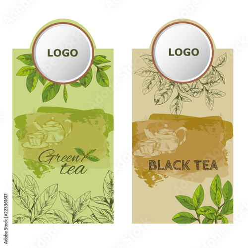 green black tea labels set, tea logo, hand-drawn