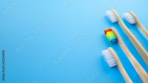 White and rainbow wooden toothbrushes on blue background. Concept of racism  social exclusion  depression or loneliness  social problems or illegal migration