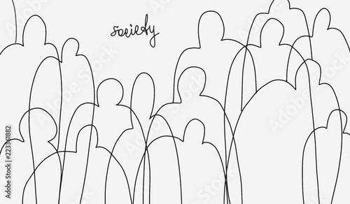 Minimalistic sketch on theme of society. Idea of facelessness of the crowd. Concept of loss of personality in mass. Use as social advertising, banner, poster, icon, logo. Vector isolated curl lines