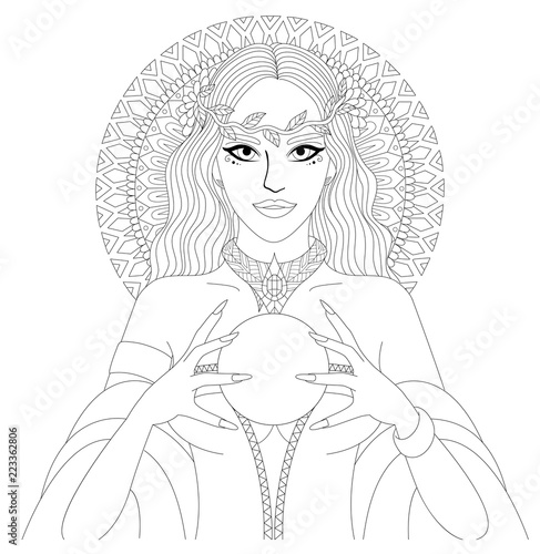 Beautiful witch or fortune teller holding crystal ball, Halloween theme for design element and coloring pages. Vector illustration