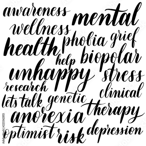 Set of words about mental health - hand lettering vector inscrip