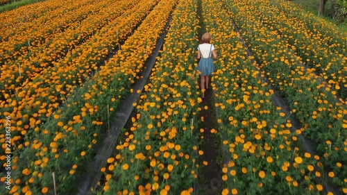 4K aerial flying video of woman on a marigold field. Beautiful travel concept. Bali island.