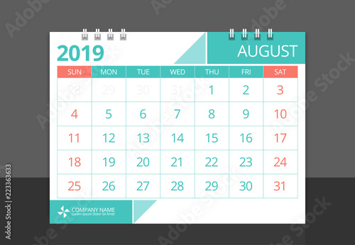 2019 calendar August week start Sunday corporate design template vector.