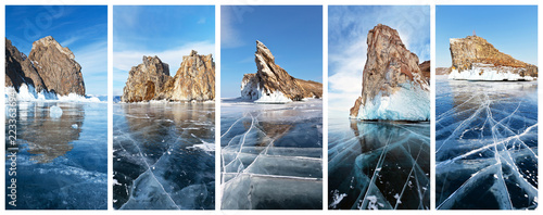 Lake Baikal in winter. Collage of main natural landmarks of Olkhon Island and Small Sea cliffs: Deva (Khoboy), Shamanka (Burhan), Dragon (Ogoy), Three Brothers (Sagan-Khushun) and Kobylia Golova photo