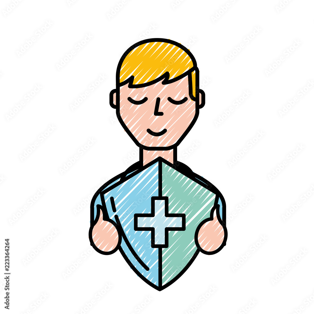 man character holding shield protection medical symbol man character holding shield protection medical symbol