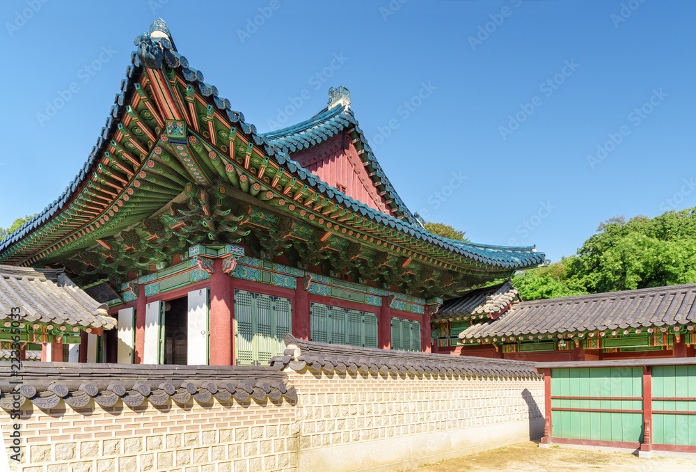 Scenic view of Seonjeongjeon Hall with amazing blue tile roof