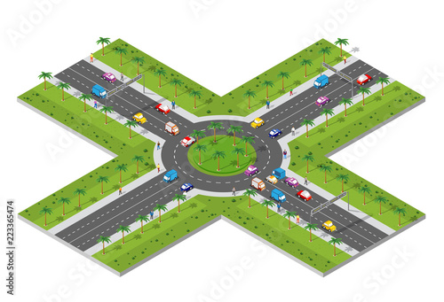 Urban area with an intersection city high-speed highway, streets, cars and trees. The landscape of urban infrastructure.