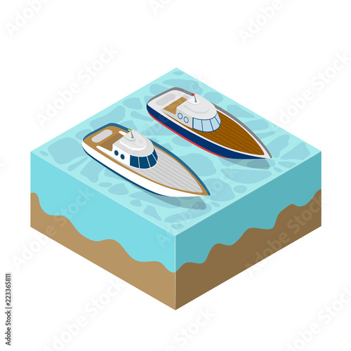 Isometric yacht of a sea cruise image of a transport cruise traveling voyage of tourism.
