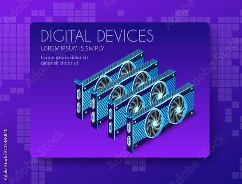 Videocard set of mining bitcoin on digital technology video cryptocurrency blockchain business. The component of electronic equipment high-tech industry isometric graphics card.