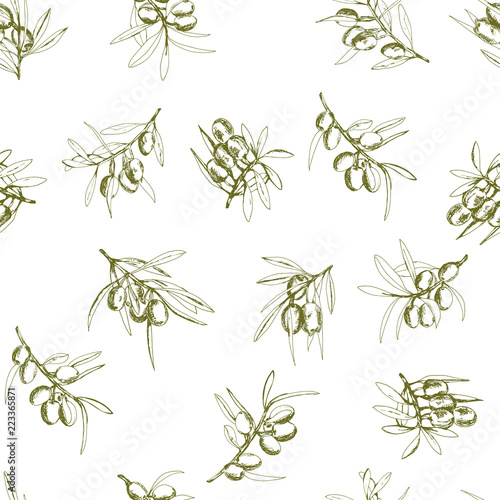 seamless pattern olives, hand-drawn olive fruits and branches