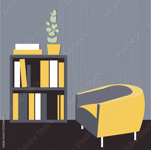 Armchair and shelving with books. Living room.Vector illustration.