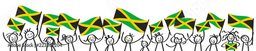 Cheering crowd of happy stick figures with Jamaican national flags, smiling Jamaica supporters, sports fans isolated on white background