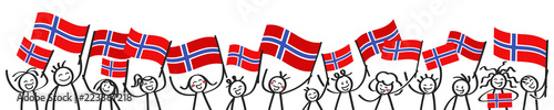 Cheering crowd of happy stick figures with Norwegian national flags, smiling Norway supporters, sports fans isolated on white background