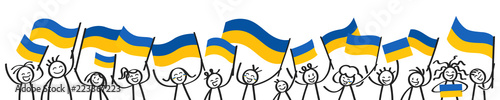 Cheering crowd of happy stick figures with Ukrainian national flags, smiling Ukraine supporters, sports fans isolated on white background