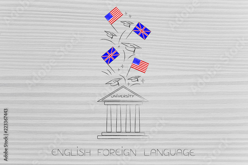 british and american flags symbol of studying english as foreign language flying above unversity building photo