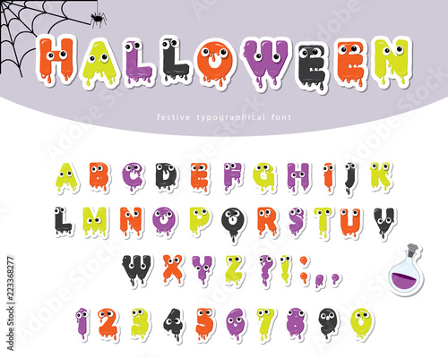 Halloween slimy font for kids. Paper cut out cartoons.