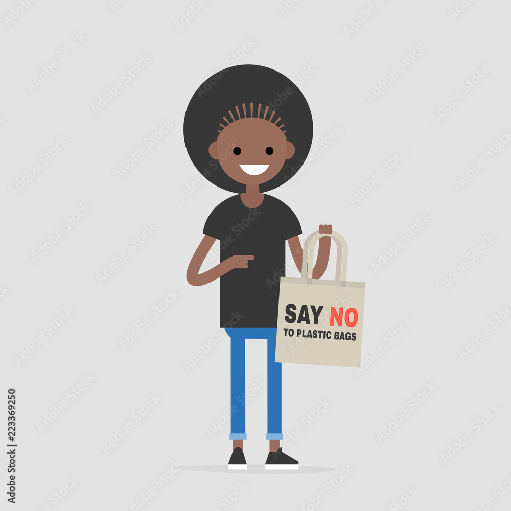 Young black female character holding a canvas tote. Eco friendly behaviour. Eco bag. Shopper. Flat editable vector illustration, clip art Young black female character holding a canvas tote. Eco friendly behaviour. Eco bag. Shopper. Flat editable vector illustration, clip art