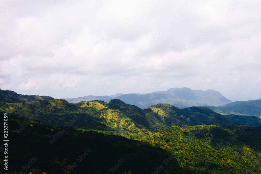landscape of mountains and blue hills