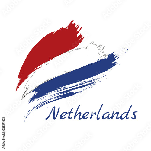Flag of Netherlands in rounded grunge brush stroke. Vector illustration.