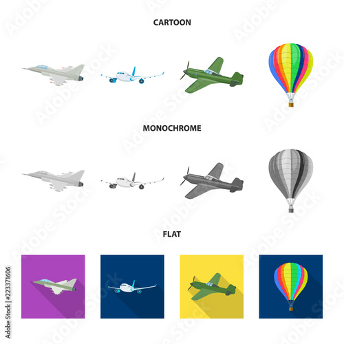 Vector illustration of plane and transport icon. Set of plane and sky vector icon for stock.