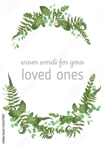 Floral vector background. Beautiful invitation with various leaves. Botanical illustration. Fern  eucalyptus  boxwood. Engraving style. Design elements