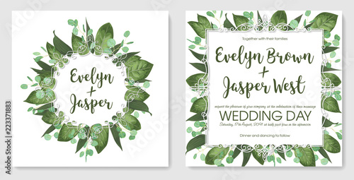 Set wedding invitation cards, invite a card. Vector watercolor style, forest greens, greens, eucalyptus, lily leaves, botanical green. Round and square exquisite white frame