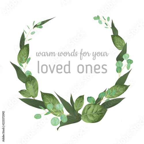 Wedding invite invitation card vector floral greenery design. Eucalyptus, lily leaves, waxflower natural, botanical green, decorative semicircle, circlece. Greeting watercolor