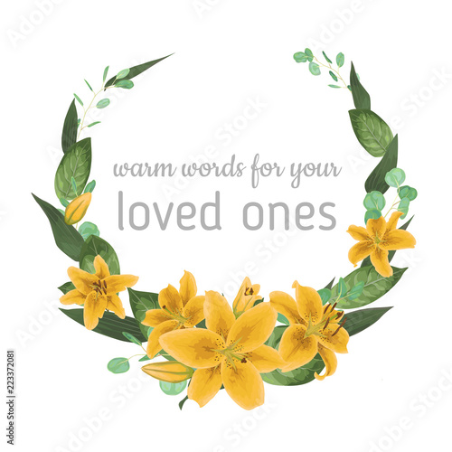Wedding invite invitation card vector floral greenery design. Eucalyptus, yellow lily, waxflower natural, botanical green, decorative semicircle, circlece. Greeting watercolor
