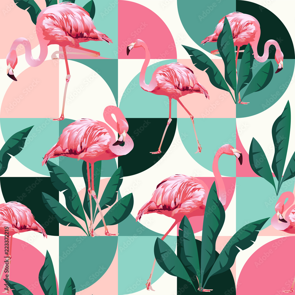 Naklejka premium Egzotyczna plaża modny wzór, ilustrowany patchwork kwiatowy wektor tropikalnych liści bananowca. Różowe flamingi w dżungli.