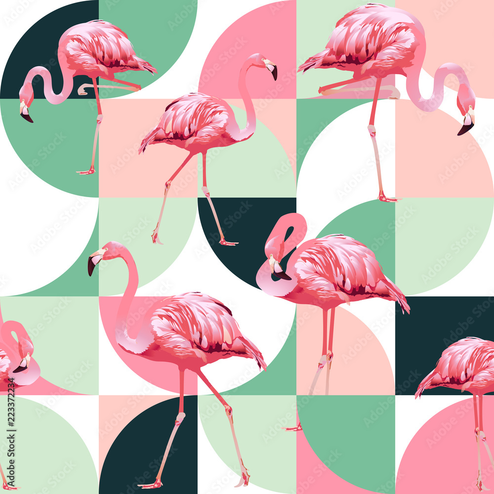 Naklejka premium Egzotyczna plaża modny wzór, ilustrowany patchwork kwiatowy wektor tropikalnych liści bananowca. Różowe flamingi w dżungli.