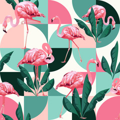 Fototapete Flamingomuster Patchwork Flamingos und Bananenblätter Strand  © Angelina Bambina