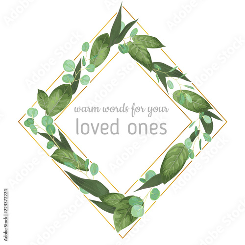 Wedding invite invitation card vector floral greenery design. Eucalyptus, lily leaves, waxflower natural, botanical green, decorative. Good rhombus frame