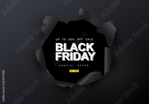Black Friday sale background. Hole in black metal. Big Sale, black friday, creative template. Vector illustration.