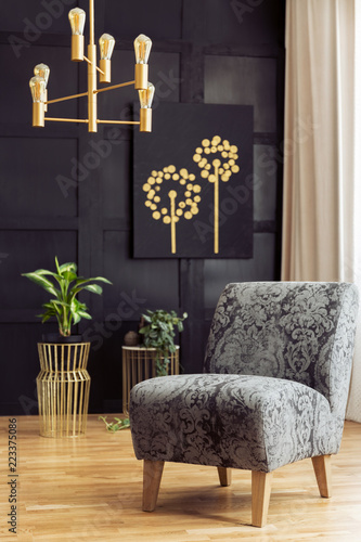 Patterned armchair in dark living room interior with chandelier above plants and poster. Real photo