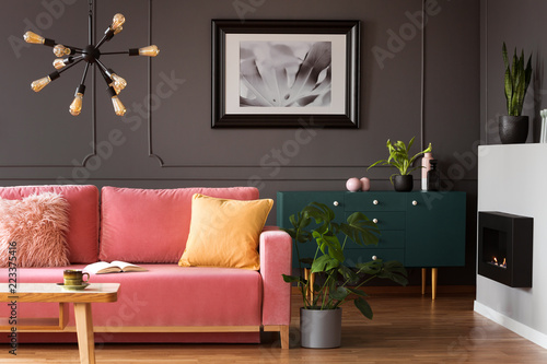 Real photo of powder pink sofa with open book standing in dark living room interior with wainscoting wall, eco fireplace and fresh plants photo