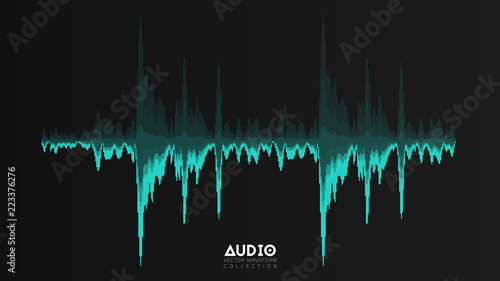 Vector echo audio wavefrom. Abstract music waves oscillation. Futuristic sound wave visualization. Synthetic music technology sample. Cyan tune print with bars.