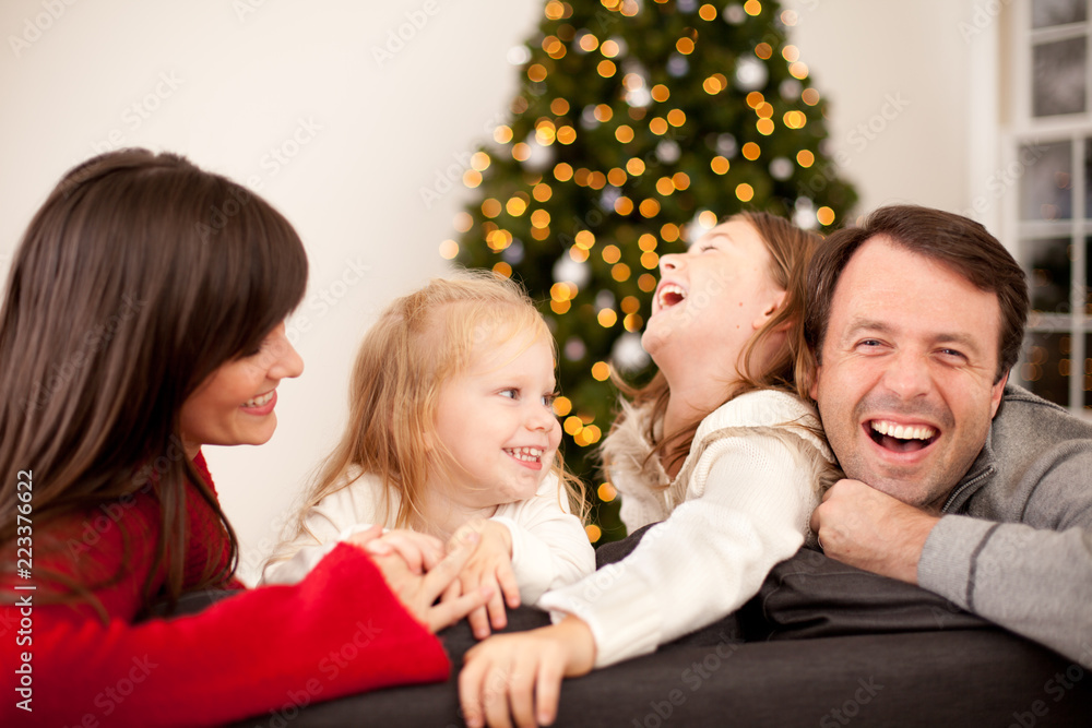Family Having Fun by Christmas Tree at Home