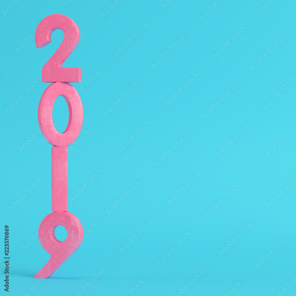 Fototapeta premium Pink new year 2019 figures on bright blue background in pastel colors
